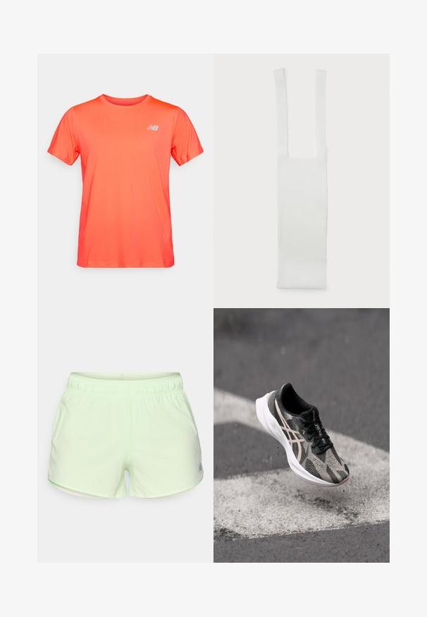 Felrood sport T-shirt met korte mouwen en een klein wit New Balance-logo op de linkerborst, weergegeven op een effen achtergrond.; Lichtgroene sportshorts met een elastische tailleband en kleine perforaties voor ademend vermogen, met een klein reflecterend logo vlak bij de zoom.; Zwarte en grijze hardloopschoen met een gestructureerde bovenkant, voorzien van een vetersluiting en een witte zool. Accenten met reflecterende details.; Witte katoenen riem met twee langwerpige handgrepen, met een gladde textuur en een rechthoekig lichaam. Eenvoudig ontwerp, geen aanvullende patronen of versieringen.