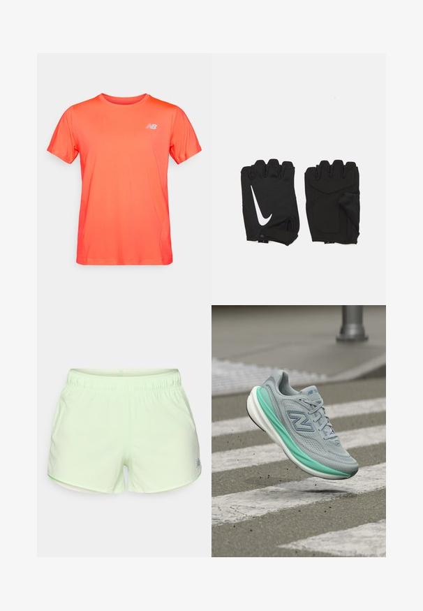Jasne oranžové tričko s krátkymi rukávmi a športovým strihom, na ktorom je malé biele logo New Balance na ľavej strane hrude, vystavené na jednolatom pozadí.; Svetlozelené športové šortky s elastickým pásom a malými perforáciami pre priedušnosť, s malým reflexným logom pri leme.; Sivo-modré bežecké tenisky New Balance s sieťovinovým zvrškom, vznášajúce sa nad priechodom pre chodcov s malými kamienkami pod nimi.; Čierne bezprstové fitness rukavice vyrobené z priedušnej tkaniny, s bielym logom Nike, polstrovanými dlaniami a otvoreným dizajnom zápästia pre flexibilitu.
