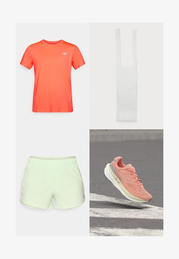 Jasne oranžové tričko s krátkymi rukávmi a športovým strihom, na ktorom je malé biele logo New Balance na ľavej strane hrude, vystavené na jednolatom pozadí.; Svetlozelené športové šortky s elastickým pásom a malými perforáciami pre priedušnosť, s malým reflexným logom pri leme.; Svetloružová bežecká topánka New Balance s bielou podrážkou zachytená vo vzduchu nad sivou asfaltovou plochou s bielymi cestnými značeniami.; Biely bavlnený popruh s dvoma predĺženými rúčkami, ktorý má hladkú textúru a obdĺžnikový tvar. Jednoduchý dizajn, bez ďalších vzorov alebo ozdôb.