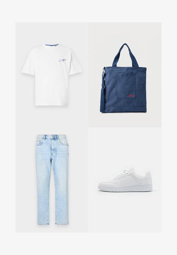 Witte katoenen T-shirt met een ronde hals en korte mouwen. Voorzien van blauwe cursieve tekst op de linkerkant van de borst. Zachte textuur, casual ontwerp.; Lichtblauwe spijkerbroek met een recht pijpdesign, vervaagde textuur en traditionele vijf-vakken stijl. Voorzijde met ritssluiting en knoopsluiting.; Witte sneakers van glad synthetisch materiaal, met platte veters, geperforeerde neus en een rubberen zool met een gestructureerd grippatroon.; Blauwe canvas tas met voorvak en rode "O.N.S" borduring, voorzien van dubbele handvatten en een verstelbare schouderriem.