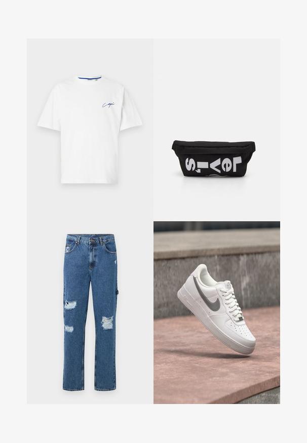 Λευκή βαμβακερή μπλούζα T-shirt με στρογγυλή λαιμόκοψη και κοντά μανίκια. Διαθέτει μπλε καλλιγραφικό κείμενο στην αριστερή περιοχή του στήθους. Μαλακή υφή, casual σχέδιο.; Μπλε τζιν παντελόνι με φθαρμένα μπαλώματα και στις δύο πλευρές, σχέδιο με πέντε τσέπες, κλείσιμο με κουμπί και θηλιές για ζώνη.; Λευκό sneaker Nike Air Force 1 με γκρι λογότυπο swoosh να αιωρείται πάνω από μια πέτρινη επιφάνεια και φόντο από γκρι πέτρινο τοίχο.; Μαύρη υφασμάτινη τσάντα με επίπεδο σχήμα, που διαθέτει έντονο λευκό κείμενο. Με κλείσιμο φερμουάρ στην κορυφή και λεπτομέρεια βρόχου στη μία πλευρά.