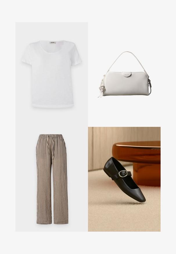 Hvid kortærmet t-shirt lavet af blødt stof, med rund halsudskæring og lige kant uden synlige mønstre eller detaljer.; Bredde bukser med striber i beige med marineblå lodrette striber. De har en elastisk talje med snøre og sidelommer. Blød stoftekstur.; Sort Mary Jane flatsko i læder med sølvspænde, vist på beige tæppe nær en brun rund bordfod.; Hvid rektangulær Calvin Klein håndtaske med enkelt håndtag, minimalistisk design og dekorative kvaster med geometrisk metalvedhæng på siden.