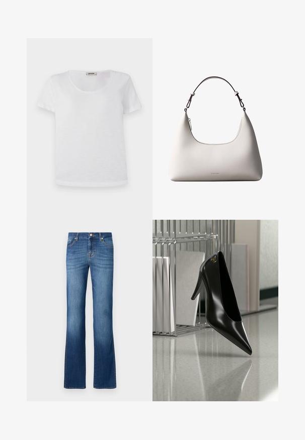 Hvid kortærmet t-shirt lavet af blødt stof, med rund halsudskæring og lige kant uden synlige mønstre eller detaljer.; Blå denim flared jeans med et klassisk fem-lomme design, der har en falmet vask, guldtråde og en knaplukning i taljen.; Sort højhælet sko med spids tå og guldlogo, placeret på en reflekterende overflade nær en krom trådfilholder med dokumenter.; Cremefarvet skuldertaske i læder fra Calvin Klein med buet topkant, sølvfarvet lynlås og mørkebrun justerbar rem.