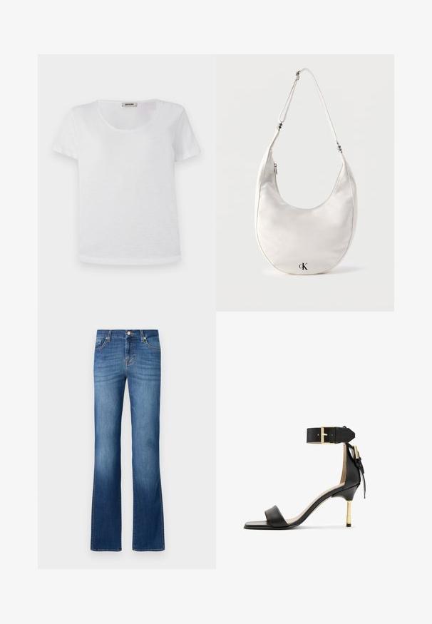 Hvid kortærmet t-shirt lavet af blødt stof, med rund halsudskæring og lige kant uden synlige mønstre eller detaljer.; Blå denim flared jeans med et klassisk fem-lomme design, der har en falmet vask, guldtråde og en knaplukning i taljen.; Sort læder hæl sandal med firkantet tå, ankelrem med en guldbuckle og en slank metallisk hæl. Glat tekstur, minimalistisk design.; Hvid skuldertaske i halvmåneform med justerbar rem og sort "cK"-logo nær bunden i midten på ensfarvet baggrund.