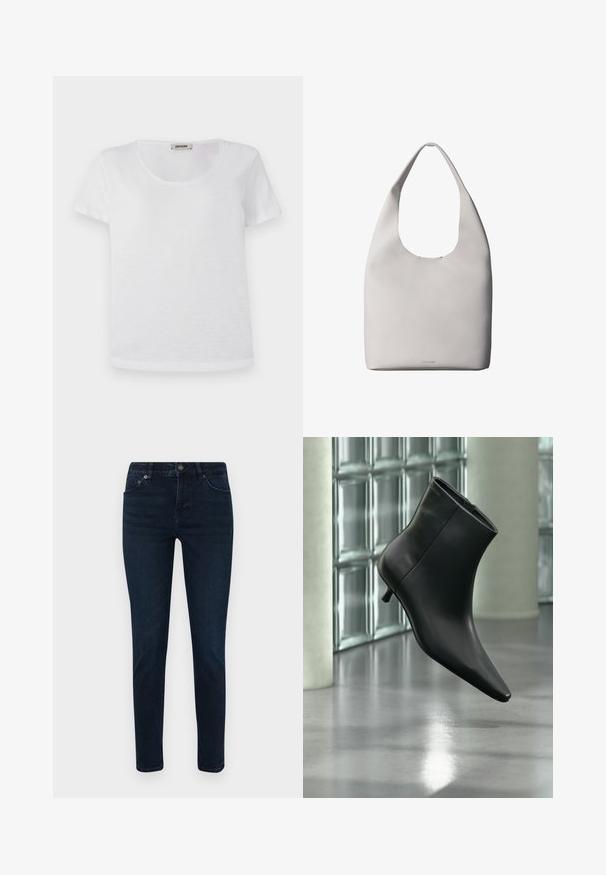 Witte t-shirt met korte mouwen, gemaakt van zachte stof, met een ronde halslijn en een rechte zoom zonder zichtbare patronen of accenten.; Donkerblauwe denim jeans met een smalle pasvorm, voorzien van een vijf-pocketontwerp, een knoopsluiting en subtiele stikseldetails. Gladde textuur overal.; Zwarte leren enkellaars met spits toelopende neus en lage kittenhak, schuin weergegeven tegen een gepolijste vloer en een glazen blokken muur als achtergrond.; Witte leren totebag met een enkele schouderriem, zachte textuur en een discreet Calvin Klein-logo nabij het midden onderaan.