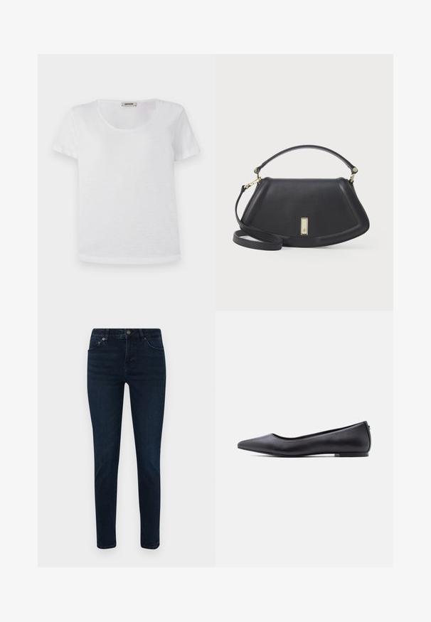 Weißes Kurzarm-T-Shirt aus weichem Material, mit Rundhalsausschnitt und geradem Saum, ohne sichtbare Muster oder Akzente.; Dunkelblaue Jeans mit schmaler Passform, ausgestattet mit einem Fünf-Taschen-Design, Knopfverschluss und dezenten Nähdetails. Glatte Textur über die gesamte Fläche.; Schwarzer flacher Lederschuh mit spitzer Kappe und niedrigem Absatz, seitlich vor weißem Hintergrund gezeigt.; Schwarze Lederhandtasche mit einer strukturierten Form, ausgestattet mit einem kurzen Griff und einem abnehmbaren Tragegurt, mit einem Verschlussdetail in Goldoptik akzentuiert.