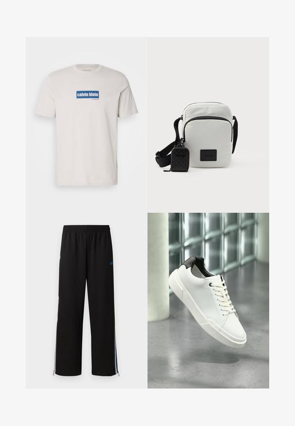 Camiseta de algodón blanca con un logo rectangular azul que dice "calvin klein" y "new york city" en texto blanco en el frente. Corte clásico.; Pantalones de chándal negros con cintura elástica, cremalleras laterales y acentos azules en las costuras exteriores. Tejido suave con un diseño de pierna recta.; Zapatilla blanca de perfil bajo con lengüeta del talón texturizada en negro, cordones blancos y suela gruesa sobre un suelo de cemento pulido cerca de bloques de vidrio.; Pequeño bolso blanco de hombro con correa ajustable negra, bolsillo con cremallera en la parte frontal y un pequeño pouch negro adjunto con un patrón de logotipos.