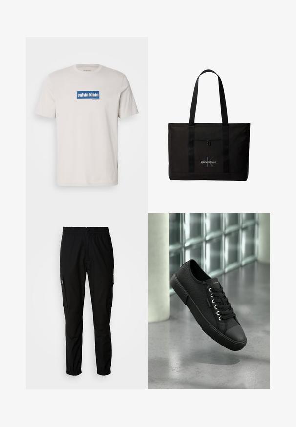 Hvid bomulds T-shirt med et blåt rektangulært logo med "calvin klein" og "new york city" i hvid tekst på forsiden. Klassisk pasform.; Sorte cargo bukser lavet af stof, med elastisk talje, knaplukning og flere sidelommer med klapper.; Sort lavt snøresko med tekstureret mønster, sort sål og snørebånd, svævende over en poleret betongulv nær glasblokke.; Sort Calvin Klein tote taske med to lange håndtag og lomme foran, med mærkets logo i hvid og grå.