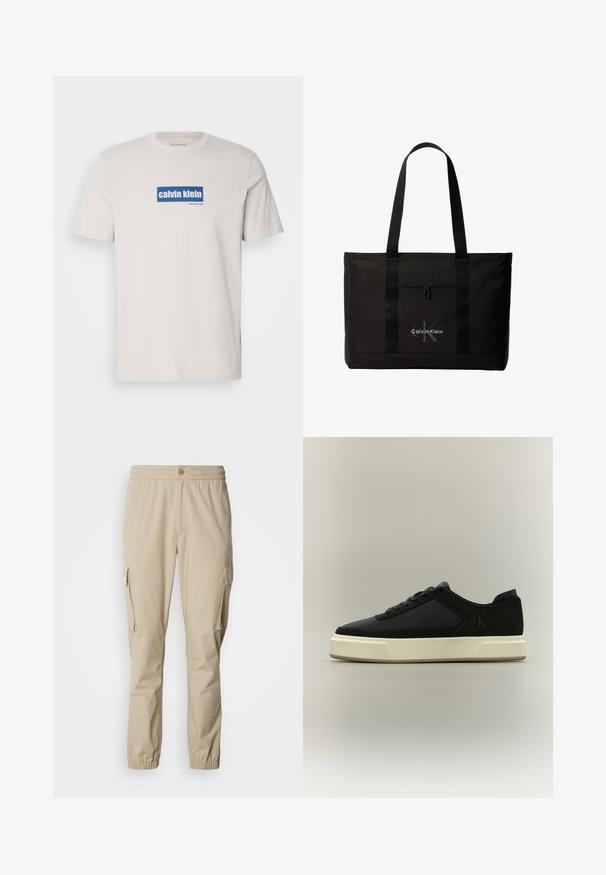 Hvid bomulds T-shirt med et blåt rektangulært logo med "calvin klein" og "new york city" i hvid tekst på forsiden. Klassisk pasform.; Lysebrune cargo bukser med elastisk talje, knaplukning, side lommer og elastiske manchetter ved anklerne, lavet af letvægtsstof.; Sort lavt snøresko med hvid tyk sål, snørret forside og diskret "cK"-logo på siden.; Sort Calvin Klein tote taske med to lange håndtag og lomme foran, med mærkets logo i hvid og grå.