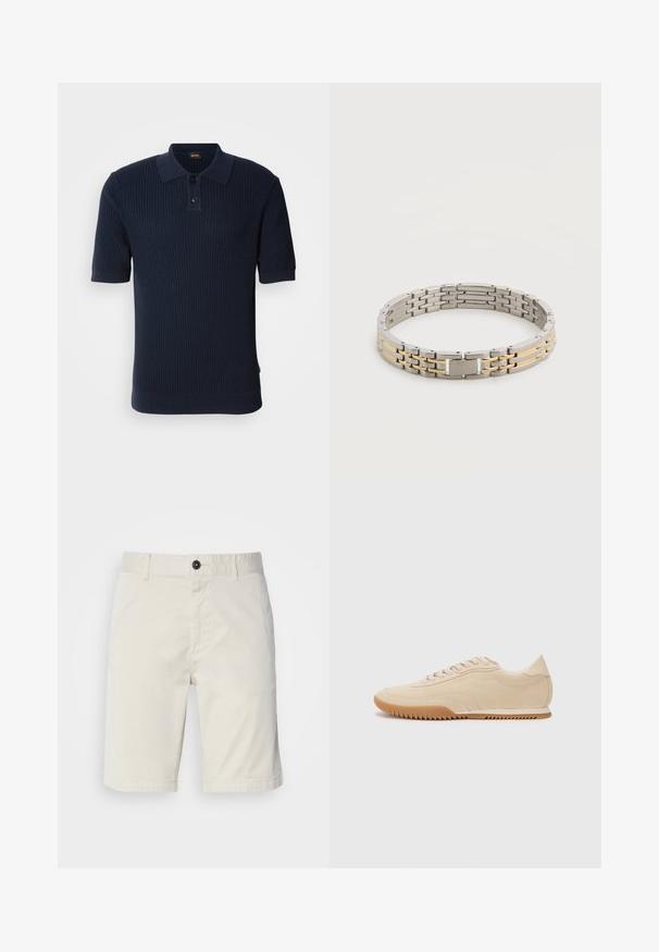 Camiseta polo de rayas azul marino con un panel de dos botones, mangas cortas y cuello plano. La tela tiene un acabado texturizado y una silueta ajustada.; Shorts de color beige claro fabricados en algodón, con cierre de botón, bolsillos delanteros y dobladillo cosido. Textura suave con un diseño casual.; Zapatillas de ante beige con un diseño aerodinámico, que presentan un upper texturizado, puntera redondeada y una suela de goma con un patrón de zigzag.; Pulsera de eslabones de metal en tonos plateado y dorado con un cierre rectangular grabado con el nombre de una marca sobre un fondo blanco.