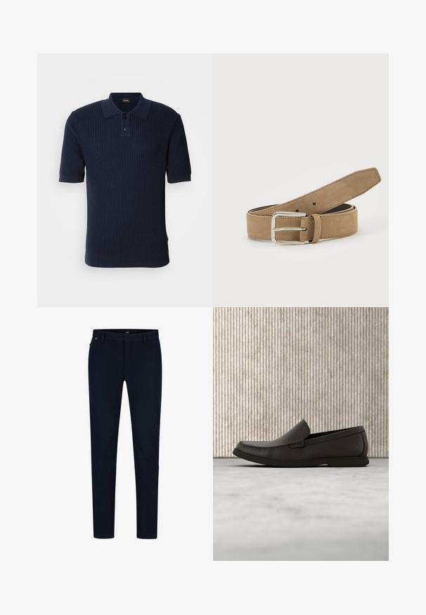 Marineblauw ribbed poloshirt met een twee-knops knoopsluiting, korte mouwen en een platte kraag. De stof heeft een gestructureerde afwerking en een getailleerde pasvorm.; Marineblauwe broek van gladde stof, met een slim fit, riemlussen en een verborgen ritssluiting. Er zijn geen opvallende patronen of accenten aanwezig.; Donkerbruine leren instappers met een ronde neus, subtiele stikdetails en een lage rubberen zool. Gladde textuur met een flexibele pasvorm.; Lichtbruine suède riem met zilveren metalen gesp, opgerold en geplaatst op een wit oppervlak.