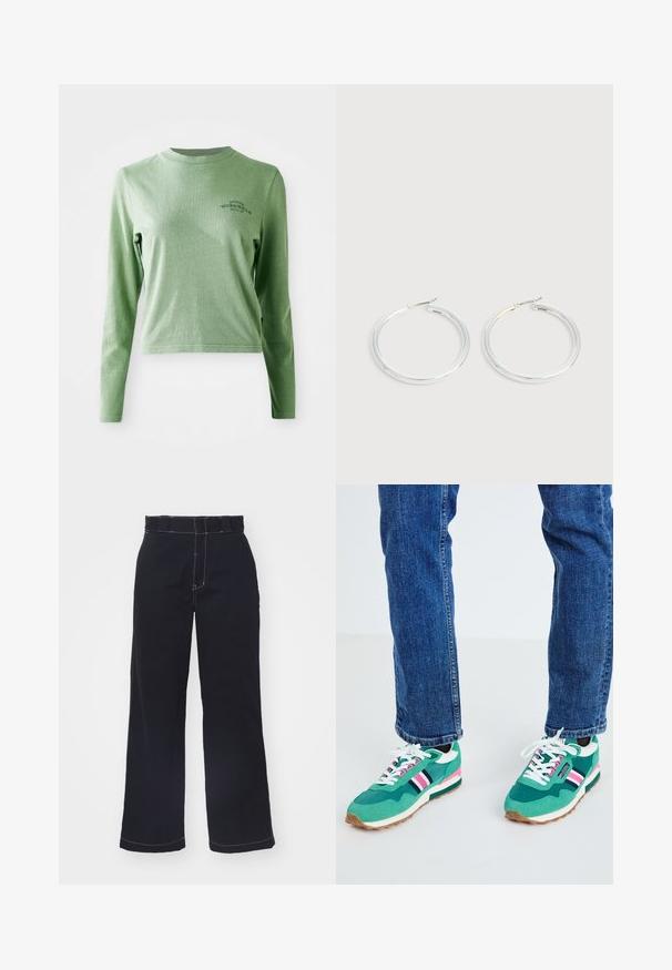 Lichtgroene longsleeve t-shirt van zacht katoen, met een ronde hals en een klein bedrukt logo aan de bovenlinkerzijde.; Donkerblauwe wijde broek van katoen met een hoge taille, met contrasterende witte stiksels en een schone, eenvoudige uitstraling.; Groene sportsneakers met witte en marineblauwe accenten, roze streepdetails en een gestructureerde stof. Geveterd met witte veters; rubberen zool.; Een paar glanzende zilveren oorringen met dunne draadafsluitingen, getoond op een lichtgrijze achtergrond.