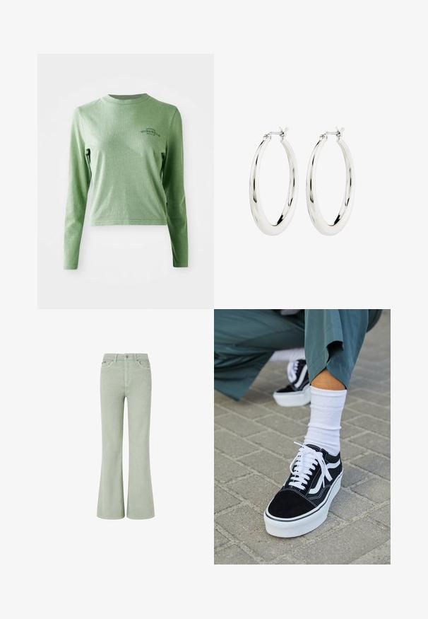 Lichtgroene longsleeve t-shirt van zacht katoen, met een ronde hals en een klein bedrukt logo aan de bovenlinkerzijde.; Groene flared corduroy jeans met een middellange taille, voorzien van voorzakken, een knoopsluiting en een zachte textuur.; Zwarte suède sneaker met witte accenten en veters, uitgerust met een dikke witte zool en contrasterende stiksels, gecombineerd met een witte sok.; Zilveren oorbellen in de vorm van een gladde, glanzende ring. Circulaire vorm, voorzien van een veilige sluiting. Eenvoudig en elegant ontwerp.