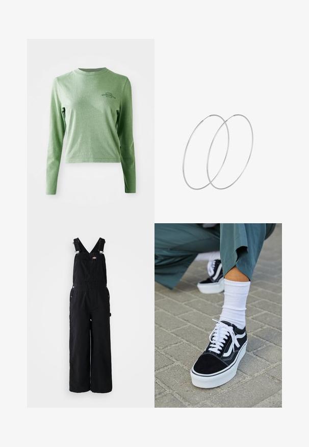 Lys grøn langærmet t-shirt lavet af blødt bomuld, med en rund halsudskæring og et lille trykt logo på øverste venstre side.; Sorte denim overalls med brede ben, justerbare skulderstropper, lomme foran og sølv hardware detaljer. Glat tekstur, minimalistisk design.; Sorte ruskinds sneakers med hvide accenter og snørebånd, der har en tyk hvid sål og kontrasterende syninger, parret med en hvid sok.; Sølvøreringe med et minimalistisk design. Cirkulær form, glat tekstur og tynd profil. Letvægtige med en poleret overflade.
