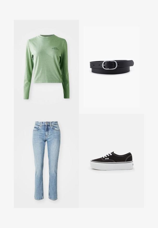 T-shirt à manches longues vert clair en coton doux, avec un col rond et un petit logo imprimé sur le côté supérieur gauche.; Jean en denim bleu clair taille haute, coupe droite, avec un léger délavage. Présente un style classique à cinq poches et une fermeture à bouton.; Baskets en toile noires avec une semelle en caoutchouc blanc, dotées de lacets et de coutures blanches, marquage emblématique sur le côté, design basse.; Ceinture en cuir noir au toucher lisse, boucle en métal argenté de forme ovale et plusieurs trous d'ajustement le long de la sangle. Design plat et minimal.