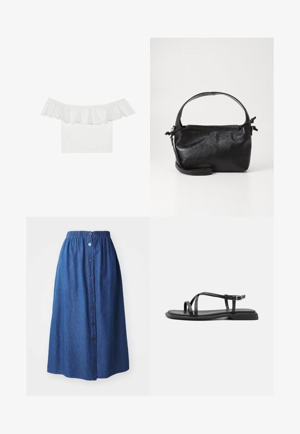 Biele off-the-shoulder tričko s volánovým výstrihom a vyšívaným očkovaním, hladká látka na tele, krátke rukávy a priliehavý strih.; Džínová sukňa s elastickým pásom, modrej farby, plnej dĺžky, so zapínaním na prednej strane a jemnou štruktúrou. Žiadne viditeľné vzory ani akcenty.; Čierne ploché sandále s tenkými nastaviteľnými popruhmi, obdĺžnikovým prstovým pásikom a textúrovaným matným povrchom. Majú nízky, mierne štvorcový opätok.; Čierna kožená kabelka so štruktúrovaným dizajnom, okrúhlym horným uchom a odnímateľným ramenným popruhom. Má hladkú textúru a jemný lesk.