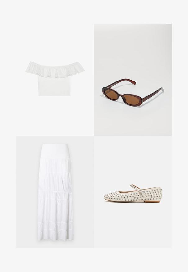 Λευκή μπλούζα με off-the-shoulder σχεδίαση, που διαθέτει ραντάκι με κεντημένα σχέδια, απαλό ύφασμα σώματος, κοντά μανίκια και εφαρμοστή γραμμή.; Λευκή μακριά φούστα με επίπεδα, φτιαγμένη από ελαφρύ ύφασμα. Διαθέτει ελαστική μέση και διακριτική υφή με οριζόντιες ραφές.; Λευκά επίπεδα παπούτσια με στρογγυλή μύτη, διακοσμημένα με ασημένιες τρουκ και με μια διακοσμητική λουρί στο τόξο του ποδιού, και χαμηλό τακούνι.; Στρογγυλά, καφέ-χρωματιστά γυαλιά ηλίου με γυαλιστερή μπορντώ σκελετό. Λεπτά πόδια με διακριτική λεπτομέρεια λογότυπου. Σχεδίαση επίπεδου φακού.