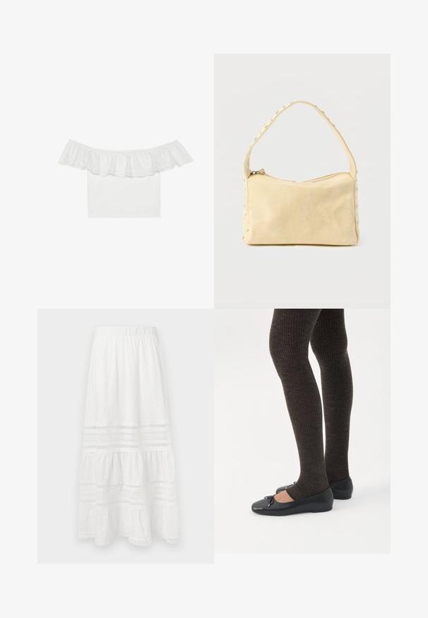 Blusa blanca sin hombros con un escote volado y bordado de ojales, tela de cuerpo suave, mangas cortas y diseño ajustado.; Falda maxi de algodón blanca con tejido de ojales, diseño en capas, cinturilla elástica y adornos de encaje a lo largo del dobladillo y los paneles.; Piernas con leggings oscuros acanalados combinados con bailarinas negras que presentan pequeños detalles de lazo sobre un fondo blanco.; Pequeño bolso de cuero beige con una sola correa y tachuelas plateadas a lo largo de los bordes y la correa, sobre un fondo liso.