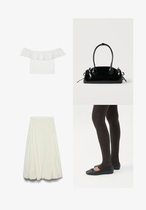 Top blanc à épaules dénudées avec un col à volants et broderie à œillets, tissu du corps lisse, manches courtes et coupe ajustée.; Jupe midi écrue taille haute à ourlet ballon avec tissu subtilement texturé et plis souples.; Jambes portant des leggings côtelés foncés associés à des ballerines noires avec de petits détails en nœud sur fond blanc.; Petit sac à main noir brillant avec deux longues anses et des détails à cordon sur les côtés sur un fond clair uni.