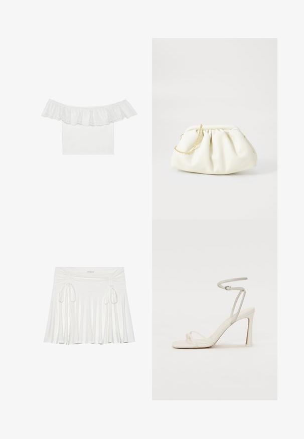 Top blanc à épaules dénudées avec un col à volants et broderie à œillets, tissu du corps lisse, manches courtes et coupe ajustée.; Jupe évasée blanche en tissu doux, avec des détails froncés sur les côtés et des liens ajustables, créant une silhouette fluide.; Sandale à talon blanche avec une fine lanière de cheville et deux lanières à l'avant. Texture en cuir lisse avec un orteil carré et un talon brillant.; Sac à main en cuir blanc avec un design plissé, doté d'une bandoulière en chaîne dorée et d'une forme arrondie. Texture lisse avec des plis doux et sans motifs.