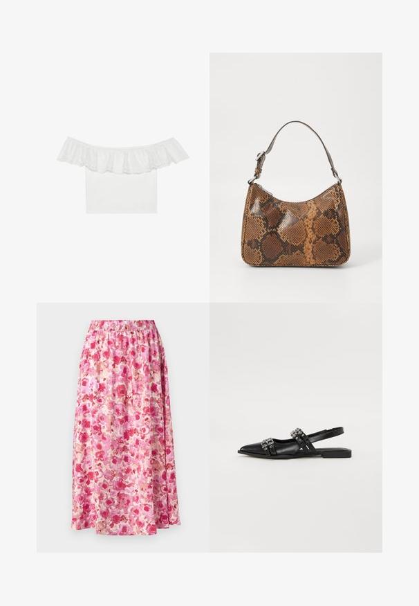 Λευκή μπλούζα με off-the-shoulder σχεδίαση, που διαθέτει ραντάκι με κεντημένα σχέδια, απαλό ύφασμα σώματος, κοντά μανίκια και εφαρμοστή γραμμή.; Φλοράλ μάξι φούστα με gathered waistband. Διαθέτει φωτεινό ροζ και κρεμ φλοράλ σχέδιο σε ελαφρύ ύφασμα.; Even&Odd Μπαλαρίνες με λουράκι στον αστράγαλο - black; Μικρή τσάντα χειρός με φιδίσια υφή σε καφέ και μαύρο χρώμα, κοντό ρυθμιζόμενο λουράκι και κλείσιμο με φερμουάρ.