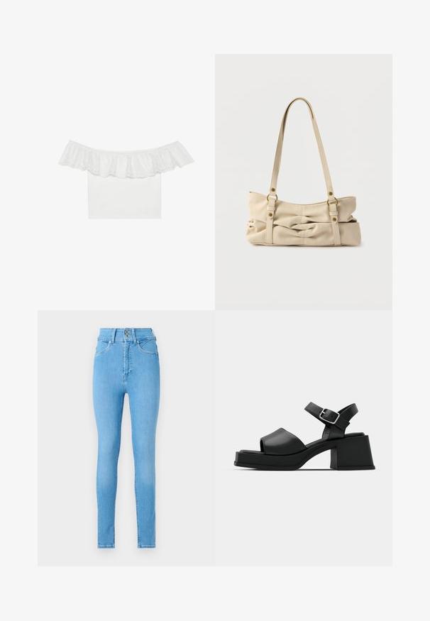 Hvid off-the-shoulder top med rynket halsudskæring og eyelet-broderi, glat stof på kroppen, korte ærmer og tætsiddende design.; Slanke jeans i lys blå denim, høj talje-design med to-knap lukning, fem-lomme stil og glat tekstur.; Sorte læder platform sandaler med peep-toe design, ankelrem og en kraftig firkantet hæl. Glat tekstur og minimalistisk stil.; Beige håndtaske i kunstlæder med to lange stropper, rynket tekstur og messing hardware-detaljer. Designet med en bred, blød form.