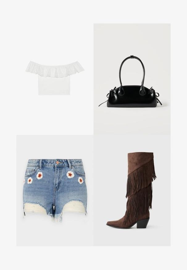 Top blanc à épaules dénudées avec un col à volants et broderie à œillets, tissu du corps lisse, manches courtes et coupe ajustée.; Shorts en denim avec un ourlet effiloché, de couleur bleu clair, ornés de broderies florales blanches et brunes sur le devant. Design à cinq poches.; Botte en daim marron jusqu'au genou avec des franges superposées, bout pointu et talon carré. Texture lisse avec un riche contraste de couleurs.; Petit sac à main noir brillant avec deux longues anses et des détails à cordon sur les côtés sur un fond clair uni.