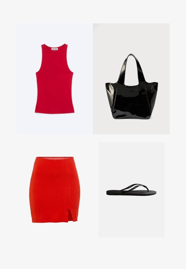 Rød ærmeløs figursyet tanktop med høj halsudskæring og Weekday mærke indeni kraven, vist på en lys baggrund.; Rød strikket nederdel med en tætsiddende pasform, der har en sideslids og en kant, der sidder lige over midt-lår. Glat tekstur, enkel konstruktion.; Sort gummiflip-flop sandal med tekstureret fodseng og tynde Y-formede remme på en ensartet hvid baggrund.; Sort blank lædertaske med brede håndtag og et lille ovalt logo foran, vist mod en ensfarvet baggrund.
