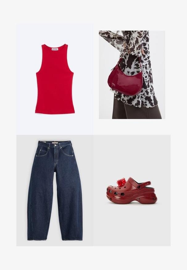 Rød ærmeløs figursyet tanktop med høj halsudskæring og Weekday mærke indeni kraven, vist på en lys baggrund.; Mørkeblå denim jeans med løs pasform, lyse syninger, fem lommer og en knaplukning ved taljen.; Rød plastikklip med ventilationshuller, hævet hæl og en blomsterdekoration ovenpå. Har en bagrem og teksturerede sider.; Kvinde iført en sort- og hvidmønstret bluse, der holder en blank rød skuldertaske mod en ensfarvet baggrund.