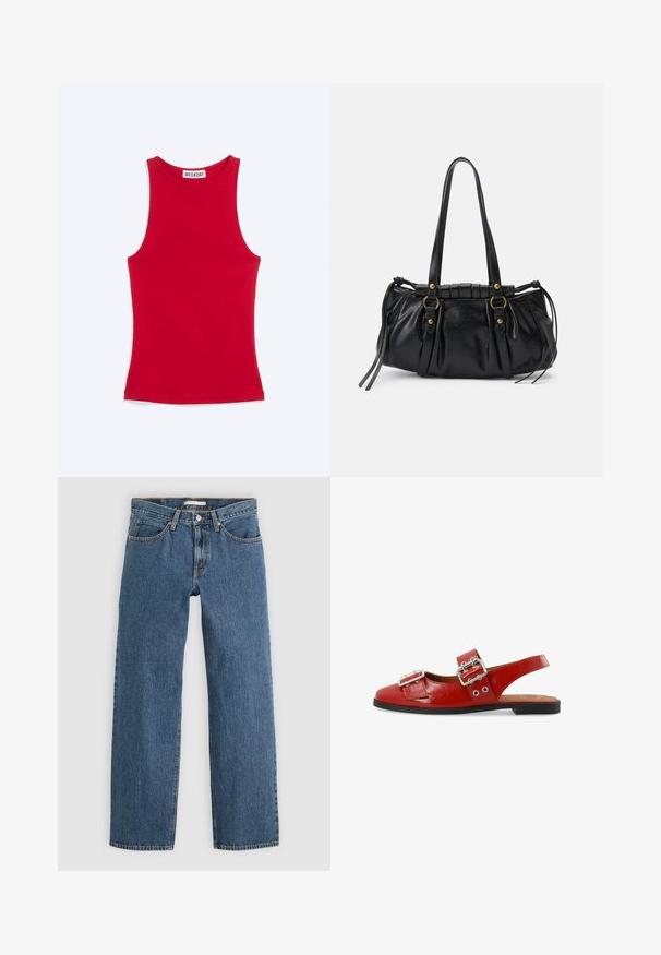 Débardeur rouge cintré sans manches avec un col haut et une étiquette de la marque Weekday à l'intérieur du col, présenté sur un fond clair.; Jean en denim bleu avec une coupe droite, comportant cinq poches, une fermeture à bouton et des coutures contrastées le long des coutures.; Chaussure à talon slingback en cuir verni rouge avec un bout arrondi, accents à double boucle et semelle plate noire. Comprend des découpes latérales pour la ventilation.; Sac à main en cuir noir avec une forme arrondie, deux poignées, des accents en matériel décoratif et des détails de liens sur les côtés. Texture lisse et brillante.