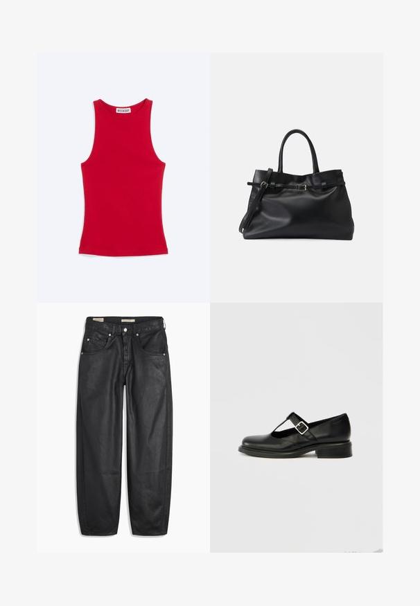 Débardeur rouge cintré sans manches avec un col haut et une étiquette de la marque Weekday à l'intérieur du col, présenté sur un fond clair.; Jean en denim noir avec une coupe large, dotés de poches avant, d'une fermeture à bouton et d'une texture lisse. Le tissu semble robuste.; Chaussure Mary Jane en cuir noir avec un bout rond, un design à bride en T, une boucle réglable et un petit talon empilé. Texture lisse avec peu de détails.; Sac fourre-tout en cuir noir avec deux poignées et une bandoulière amovible. Doté d'une texture lisse et d'une ceinture frontale accentuée d'une boucle argentée.