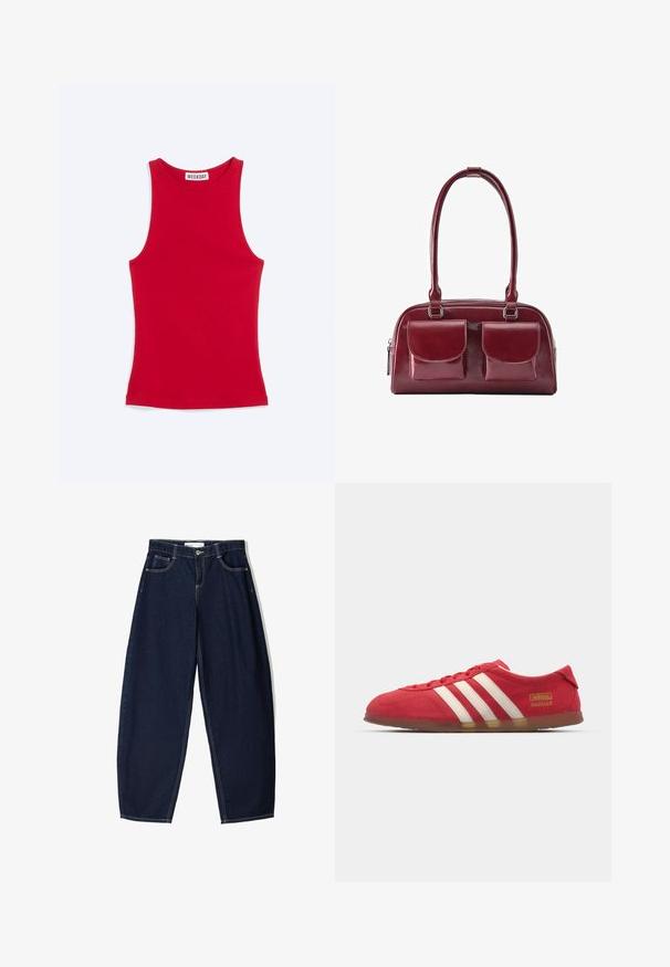 Rood nauwsluitend mouwloos hemd met hoge halslijn en Weekday merklabel aan de binnenkant van de kraag, afgebeeld op een lichte achtergrond.; Donkerblauwe denim broek met een losse fit, voorzien van vijf zakken, contrasterende stiksels en een ritsluiting aan de voorkant.; Rode suède sneakers met wit drie-streepdesign, platte zool en gouden logo-detail. Laag uitgesneden ontwerp met ronde neus en vetersluiting.; Donkerrode lederen handtas met twee voorvakken met kleppen en lange schouderbanden, getoond op een witte achtergrond.