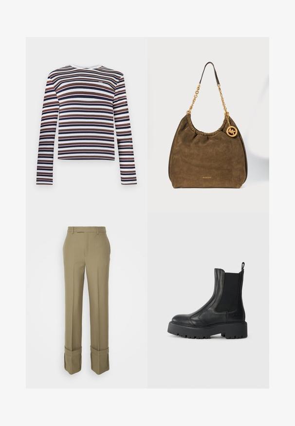 Langærmet bluse med rund hals med horisontale striber i brun, sort, hvid og lys lilla, med en lille "maje"-logo på brystet.; BITE Studios TAILORED FOLD UP TROUSER - Bukser - green; Sorte læder ankelstøvler med elastiske sidepaneler, en afrundet tæerne og en chunky tekstureret gummisål. Har en trækflap bagpå.; Brun ruskind Michael Kors håndtaske med guldkæde og rund MK-logo vedhæng hængende på siden.