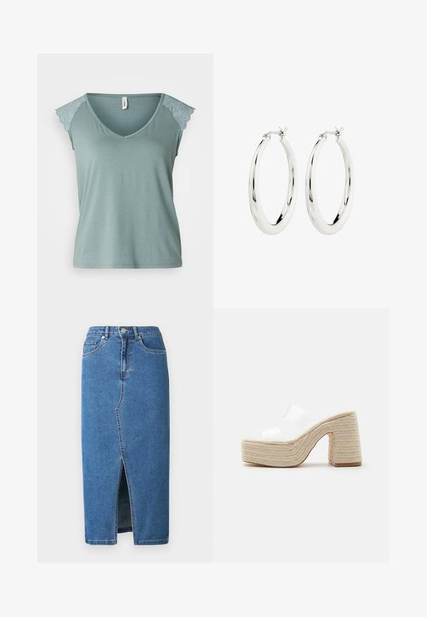 Hellgrünes kurzärmliges Oberteil mit V-Ausschnitt und floralen Spitzelementen an den Schultern, aus weichem Baumwollmaterial mit glatter Textur.; Jeans-Midirock in Blau. Verfügt über einen vorderen Schlitz, einen hohen Bund und ein Fünf-Taschen-Design. Klassische Nähte und Metall-Details.; Plateau-Sandale mit klobigem, gewebtem beigen Absatz und Sohle, mit zwei breiten, durchsichtigen weißen Riemen über dem Fuß.; Silberne Creolen mit einer glatten, glänzenden Oberfläche. Kreisform, ausgestattet mit einem sicheren Verschluss. Einfaches und elegantes Design.