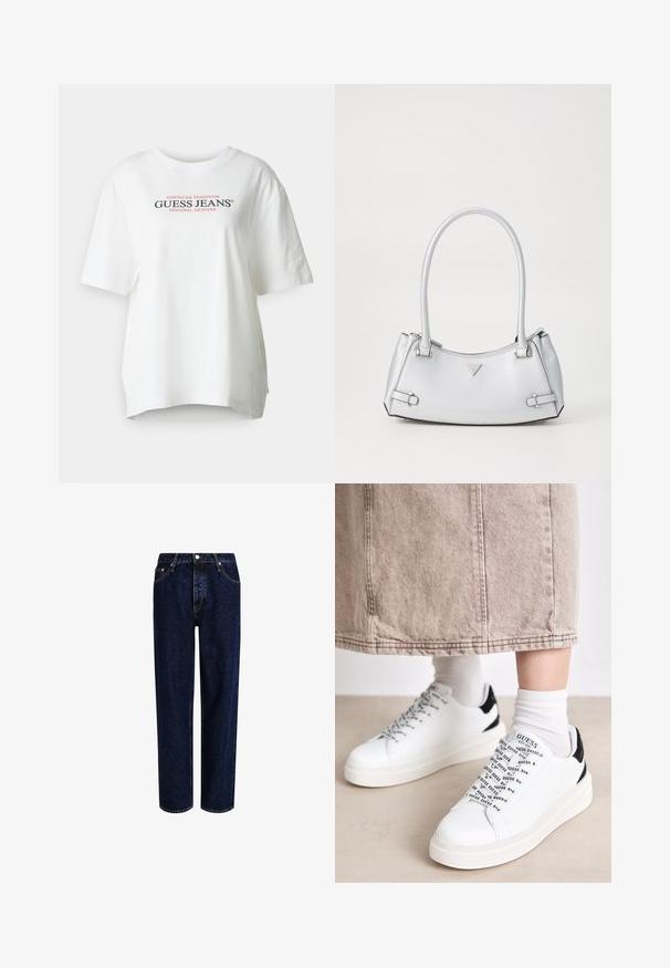 T-shirt en coton blanc avec un col rond, des manches courtes et une coupe décontractée. Présente un texte logo "GUESS JEANS" en noir et rouge sur le devant.; Jeans en denim bleu foncé avec une coupe droite, dotés d'une taille haute, d'un style à cinq poches et de coutures contrastantes. Sans embellissements.; Baskets blanches avec des accents noirs texturés au niveau du talon, un branding proéminent dans la zone des lacets, et une semelle épaisse et solide en caoutchouc.; Sac à main argenté avec un design structuré, doté de deux poignées, d'une texture brillante, de quincaillerie accentuée et d'un logo triangulaire sur le devant.
