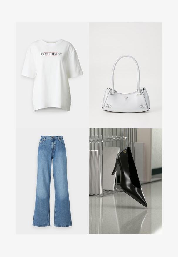 Hvid bomulds T-shirt med rund halsudskæring, korte ærmer og en afslappet pasform. Har sort og rød "GUESS JEANS" logo tekst på fronten.; Højtsiddende brede blå denimbukser med forlommer, bæltestropper og knap- og lynlåslukning.; Sort højhælet sko med spids tå og guldlogo, placeret på en reflekterende overflade nær en krom trådfilholder med dokumenter.; Sølv håndtaske med et struktureret design, der har to håndtag, en skinnende overflade, accenthardware og et trekantet logo på fronten.