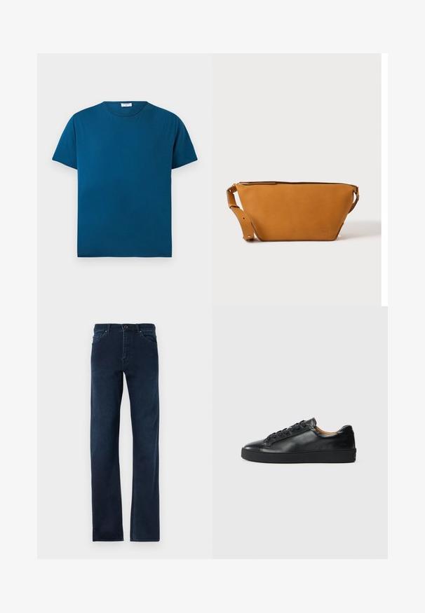 Blaues kurzärmeliges T-Shirt mit Rundhalsausschnitt, schlichtes Design, flach auf weißem Hintergrund liegend.; Dunkelblaue Jeans aus Denim mit geradem Schnitt, fünf Taschen, einem Knopfverschluss und kontrastierenden Nähten entlang der Säume.; Schwarze Leder-Sneaker mit glatter Textur, runder Zehenpartie und Schnürverschluss. Verfügt über eine dicke Gummisohle und minimalistische Marken-Details.; Hellbraune Leder-Umhängetasche mit verstellbarem Schulterriemen und Reißverschluss, vor einem schlichten hellen Hintergrund gezeigt.