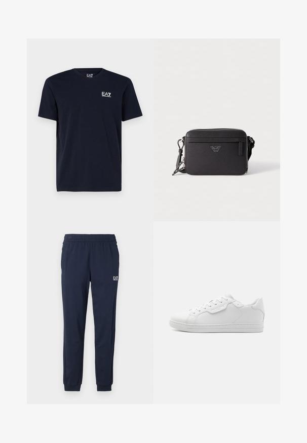 Sort T-shirt med korte ærmer og rund halsudskæring med lille hvid EA7 Emporio Armani-logo på venstre bryst.; Mørkeblå sweatpants med elastisk talje og manchetter. Har et lille hvidt logo på venstre ben. Fremstillet af et blødt, strækbart materiale.; Hvide lædersneakers med afrundet tå, seks øjer, flade snørebånd og minimalistisk design. Har et lille logo på siden.; Sort tekstil crossover-taske med lynlåslukning, der har en frontlomme, logo-detalje og justerbar rem. Tekstureret overflade, rektangulær form.