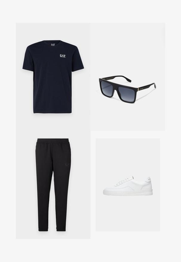Zwart T-shirt met korte mouwen en ronde hals met een klein wit EA7 Emporio Armani-logo op de linkerborst.; Zwarte joggingsbroek van zacht weefsel, met een elastische tailleband, nauwsluitende boorden en een klein logo op de zijkant gedrukt.; Witte lage sneaker met vetersluiting, glad leren bovenwerk en dikke zool, gezien vanuit de zijkant tegen een effen achtergrond.; MARC JACOBS Zonnebril - black