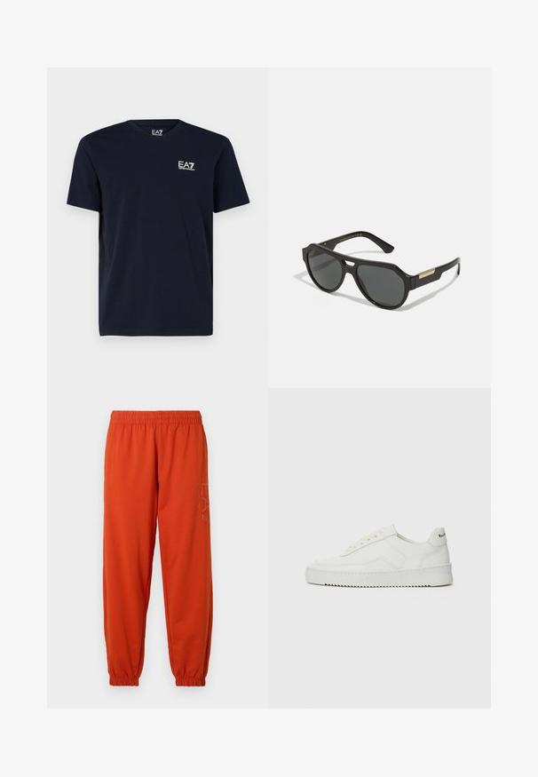 Must musta lühikeste varrukatega ümara kaelusega T-särk, mille vasakul rinnal on väike valge EA7 Emporio Armani logo.; Oranžid tostadid elastse vöö ja varrukatega. Külgedel on trükitud logo. Valmistatud pehmest, tekstuursetest kangast.; Valge nahast tennis, millel on sile põhi, ümar varvas, lamedad nöörid ja tekstuuriline tall. Sisaldab diskreetset logo kontsaribal.; Mustad prillid geomeetrilise raami, toonitud läätsede ja kuldsete detailidega templites. Sile plastmaterjal mattviimistlusega.