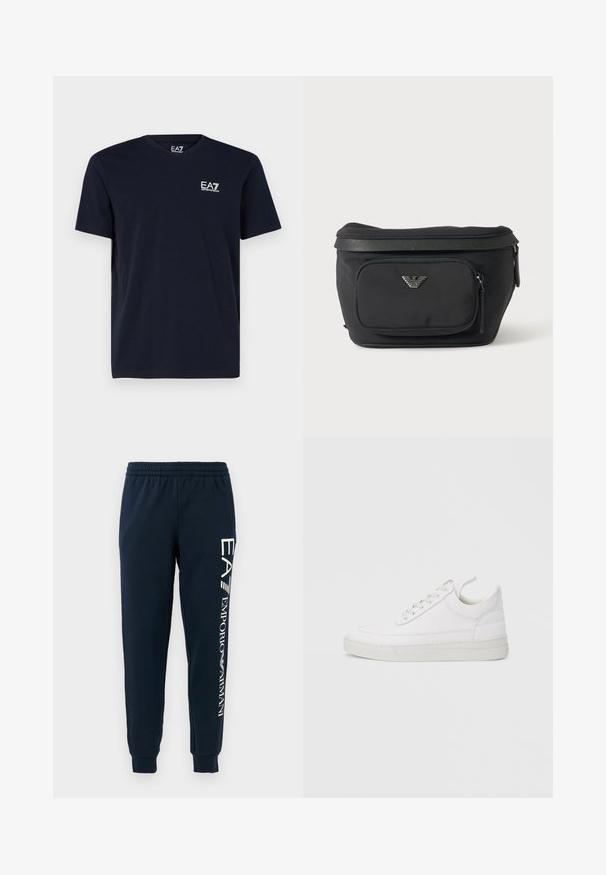 Sort T-shirt med korte ærmer og rund halsudskæring med lille hvid EA7 Emporio Armani-logo på venstre bryst.; Marineblå joggerbukser med elastisk talje, manchetter ved anklerne og hvid trykt branding langs venstre ben. Blødt, mat stof.; Hvid lædersneaker med rundet tå, flad sål og snørebånd foran. Har syningsdetaljer og polstret krave for komfort.; Sort bæltetaske med frontlynlåslomme og sølv ørn-logo, glat stof med tekstureret kant og lynlåstræk.