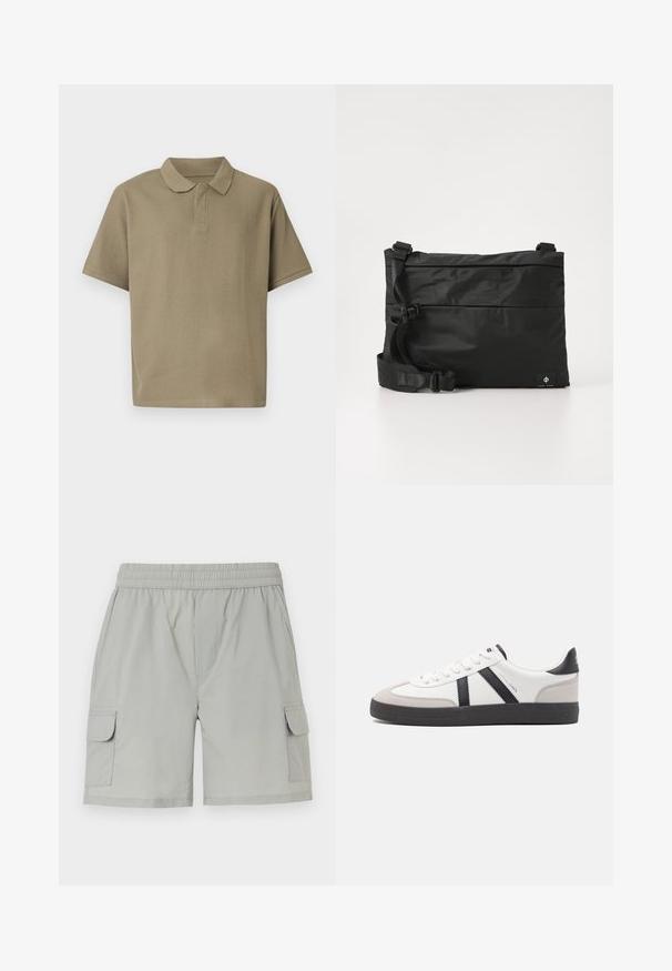 Kortärmelig olijfgroene geribde polo met een klassieke kraag en zonder zichtbare knopen, afgebeeld tegen een effen achtergrond.; Lichtgrijze cargo shorts met een elastische tailleband, twee zijzakken en twee cargozakken met flappen voor extra functionaliteit.; Witte sneaker met zwarte en grijze accenten, voorzien van een grijze neus met textuur, zwarte rubberen zool en platte witte veters. Schoon ontwerp, minimalistische stijl.; Zwarte nylon boodschappentas met verstelbare riem, plat ontwerp en een zijlabel met een logo. Soepele textuur en minimalistische stijl.