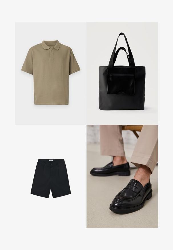 Polo côtelé vert olive à manches courtes avec col classique et sans boutons visibles, présenté sur un fond uni.; Shorts noirs en tissu avec une texture lisse. Comprend une fermeture à bouton, deux plis avant et une taille standard.; Mocassins en cuir noir avec une finition lisse, ornés d'une sangle décorative et de coutures contrastées, associés à un pantalon beige.; Sac cabas noir avec poche zippée à l'avant et double poignée, posé sur un fond clair uni.
