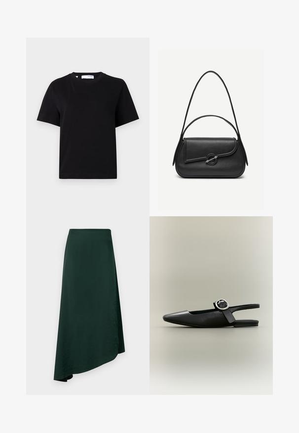 Camiseta negra lisa de manga corta con cuello redondo, ajuste relajado y una pequeña etiqueta en el cuello.; Falda envolvente de color verde oscuro, fabricada en un tejido suave, con un dobladillo asimétrico y una cinturilla sin costuras para un diseño limpio.; Zapato plano tipo slingback negro con punta afilada, hebilla plateada y tacón bajo sobre un fondo neutro.; Bolso de cuero negro con bordes redondeados, solapa asimétrica, cierre circular de metal y correas de hombro cortas y largas.