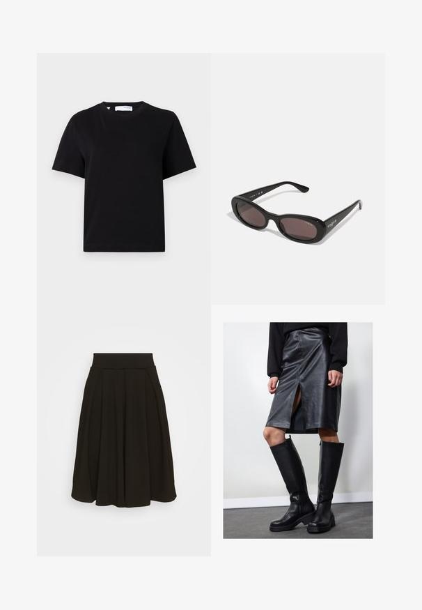 T-shirt noir uni à manches courtes avec col rond, coupe décontractée et petite étiquette au col.; Jupe plissée noire avec une large ceinture élastique. Fabriquée dans un tissu doux, elle présente un ourlet à mi-genoux et une texture lisse.; Jupe crayon en cuir noir avec fente à l'avant, associée à des bottes noires au genou dotées de fermetures éclair et d'une semelle épaisse pour plus de hauteur.; Lunettes de soleil noires avec des montures ovales, des verres teintés foncés et "vogue" imprimé en blanc sur les branches extérieures. Matériau en plastique lisse.
