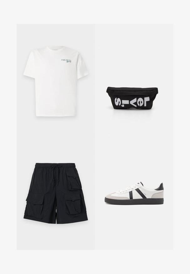 Weißes Baumwoll-T-Shirt mit Rundhalsausschnitt. Auf der Vorderseite steht in grüner Schrift: "PARK MOTEL Resort." Es hat kurze Ärmel und eine lockere Passform. Glatte Textur.; Schwarze Cargo-Shorts aus leichtem Stoff, mit mehreren großen Taschen, einem elastischen Bund mit Kordelzug und einer glatten Textur.; Weiße Sneaker mit schwarz- und grau-aczenten, ausgestattet mit einer strukturierten grauen Zehenkappe, schwarzer Gummi-Sohle und flachen weißen Schnürsenkeln. Sauberes Design, minimalistische Stil.; Schwarze Stofftasche mit flacher Form, mit fettgedrucktem weißen Text. Der Reißverschluss befindet sich oben, mit einer Schlaufe an einer Seite.
