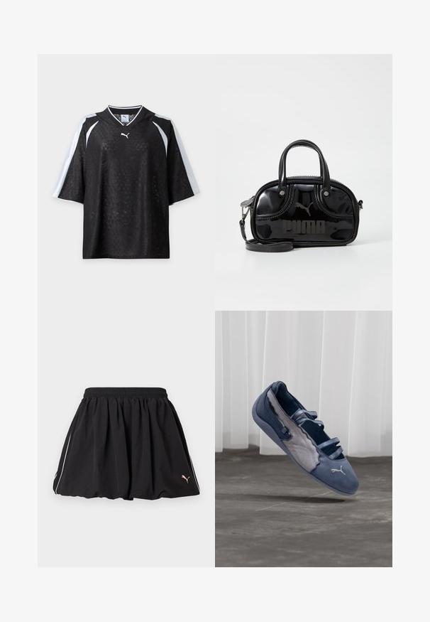 Μαύρο ποδηλατικό μπλουζάκι Puma με κοντά μανίκια, διακριτή υφή με μοτίβο και λευκές ρίγες στους ώμους και τα μανίκια, παρουσιασμένο σε λευκό φόντο.; Μαύρη κοντή αθλητική φούστα με ελαστική μέση, λευκή ρίγα στο πλάι και μικρό λογότυπο Puma στο κάτω δεξιό μέρος.; Μπλε και γκρι επίπεδο παπούτσι Puma με τρεις ελαστικές λουρίδες, υφασμένο πλαϊνό πάνελ και λευκό λογότυπο Puma, αιωρούμενο πάνω από τσιμεντένιο πάτωμα.; Μαύρη τσάντα πατέντας από δέρμα με διπλές λαβές στην κορυφή, αποσπώμενος ιμάντας ώμου, στρογγυλή μορφή και έντονα ανάγλυφο λογότυπο "PUMA".