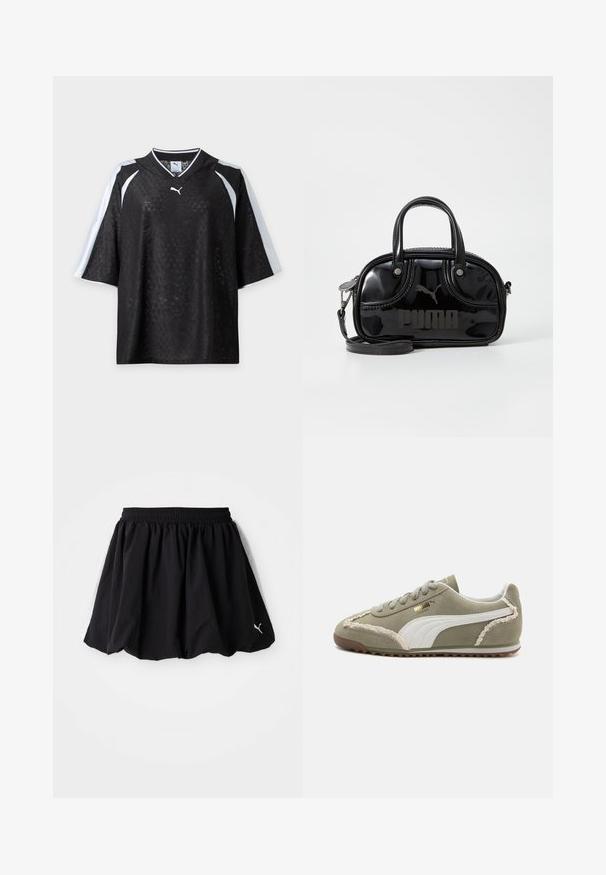 Camiseta Puma negra de manga corta con una textura sutilmente estampada y rayas blancas en los hombros y las mangas, mostrada sobre un fondo blanco.; Falda deportiva negra con una cinturilla elástica, que presenta paneles laterales blancos y un pequeño logo en el dobladillo. Fabricada con tela ligera.; Zapatillas de ante verde con acentos de cuero blanco, costuras texturizadas, parte frontal con cordones y suela de goma. Presenta detalles de diseño únicos a lo largo de los lados.; Bolso de mano de charol negro con dos asas superiores, correa para el hombro desmontable, forma redondeada y destacado logo en relieve de "PUMA".