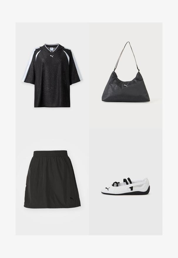 Maillot Puma noir à manches courtes avec une texture subtilement imprimée et des bandes blanches sur les épaules et les manches, présenté sur un fond blanc.; Jupe de sport noire avec une taille élastique, tissu léger, ourlet droit et un discret logo brodé en bas à droite.; Baskets de sport blanches avec des accents noirs, présentant un bout arrondi, des brides élastiques et une semelle en caoutchouc texturée. Logo Puma à l'avant.; Sac à bandoulière triangulaire noir avec une fine sangle, motif monogramme subtil et petit logo Puma argenté au centre.