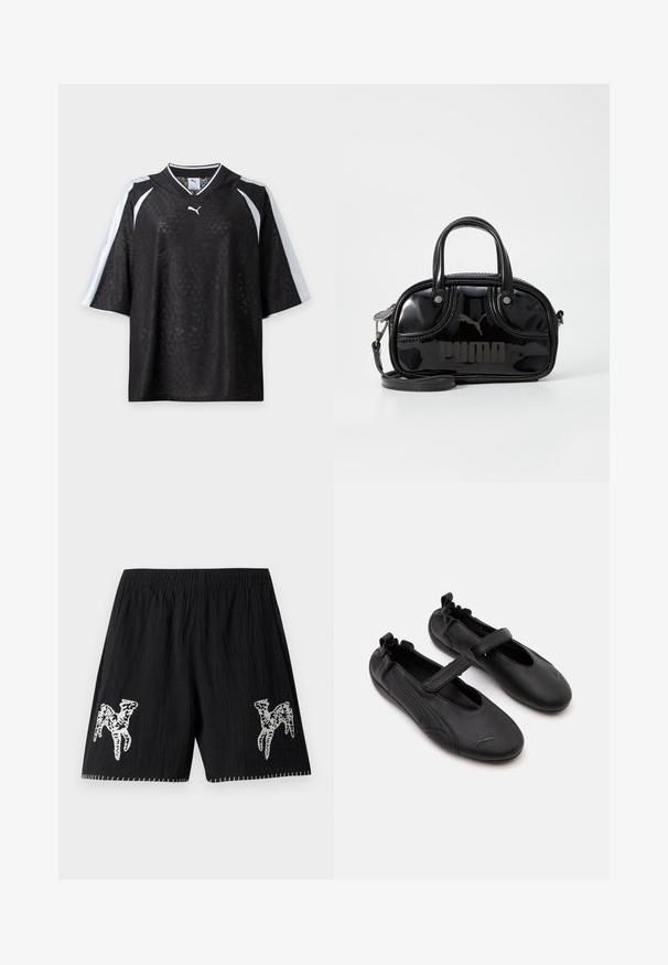 Schwarzes Puma Kurzarmtrikot mit dezenter Musterstruktur und weißen Streifen an Schultern und Ärmeln, dargestellt vor weißem Hintergrund.; Schwarze Shorts aus texturiertem Stoff; mit weißen gestickten Designs an beiden Beinen und Kontrastnähten am Saum. Elastischer Bund.; Paar schwarze Leder Mary Jane-Schuhe mit elastischem Fersenbereich und Klettverschluss, mit einem dezenten Puma-Logo auf jeder Zehe.; Schwarze Lacklederhandtasche mit doppelten Griffen oben, abnehmbarem Schulterriemen, runder Form und hervorgehobenem geprägten "PUMA"-Logo.